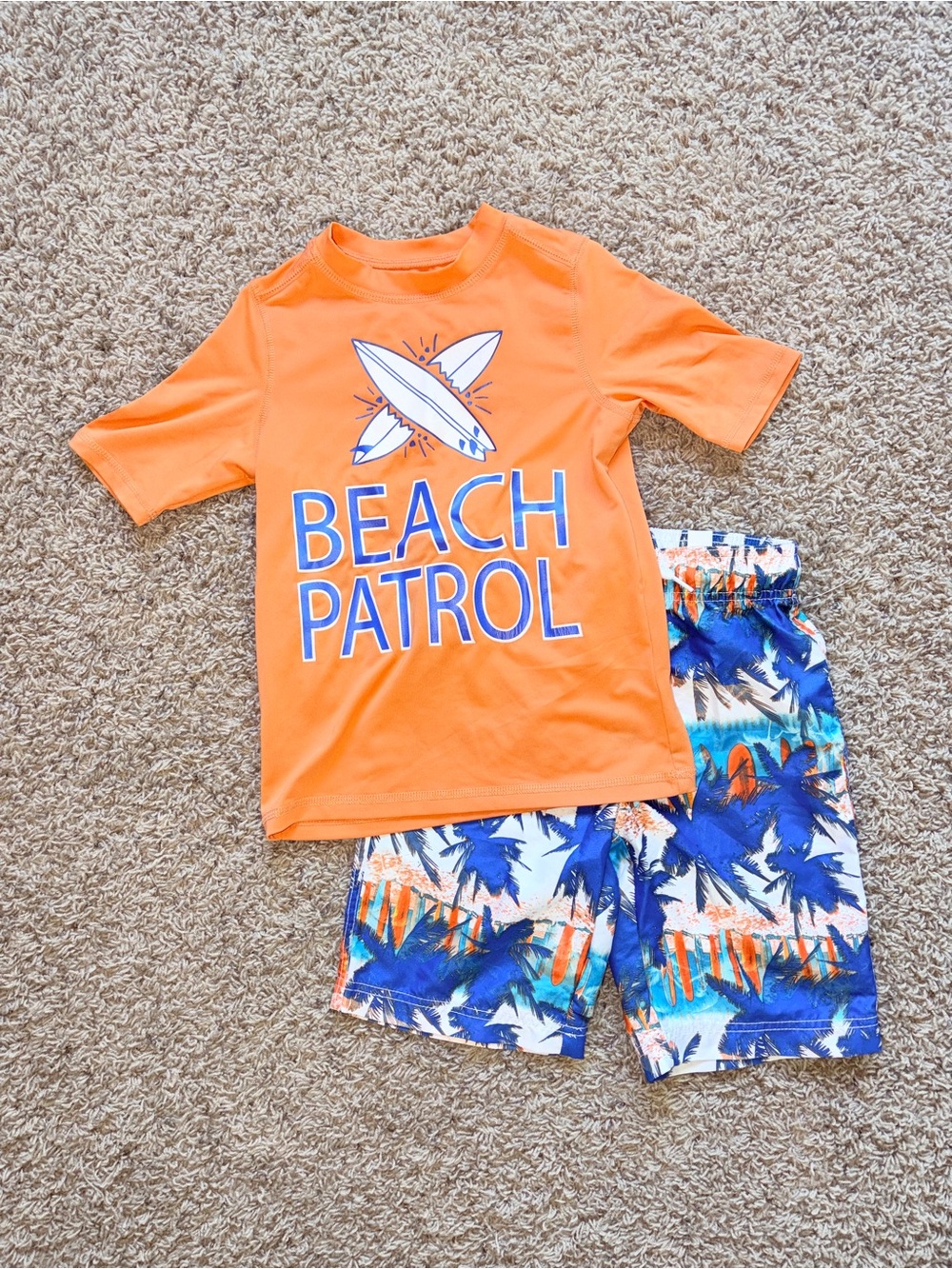New Orange 'Beach Patrol' Rash Guard Set with Tropical Shorts Boys Swim 7/8 8